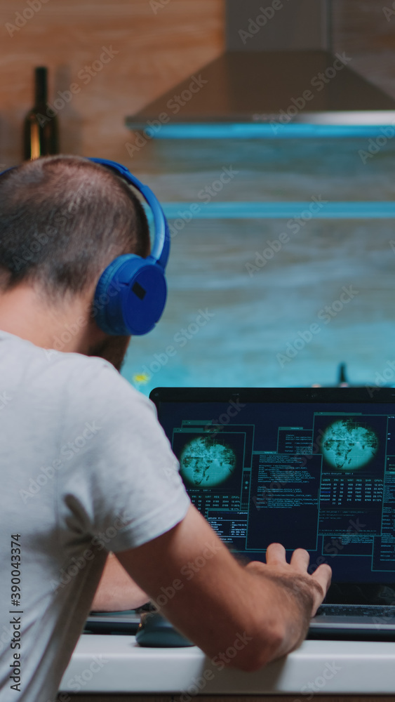 Remote Control Hacker Remote man thief with headset stealing data from company hacking system ...