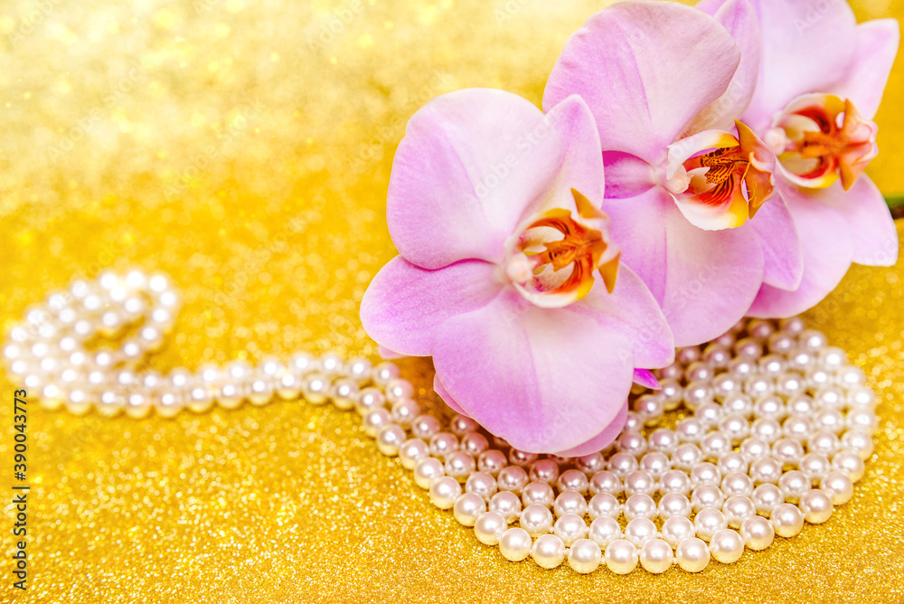 purple Orchid and pearl necklace on a shiny gold background
purple Orchid and pearl necklace on a shiny gold background