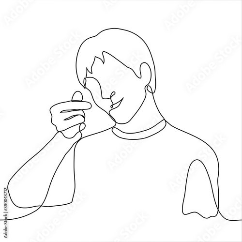 man shows a heart with his fingers - the Korean gesture "saranhe" which means "I love you". one line drawing concept of declaration of love, openness, kindness