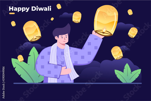Flat illustration India Hindu Diwali light festival celebration with people flying the light lantern or lampion at nighttime. Happy India person celebrate Diwali Holiday.