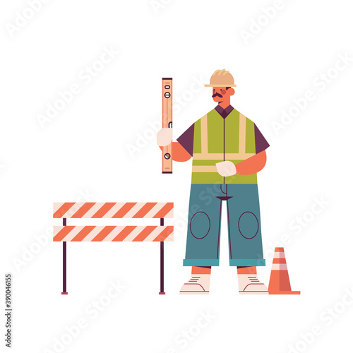 engineer man in uniform holding level construction of buildings concept builder wearing helmet and vest full length isolated vector illustration