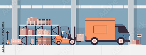 forkplift driver loading cardboard boxes in van product goods shipping delivery service concept warehouse interior horizontal vector illustration