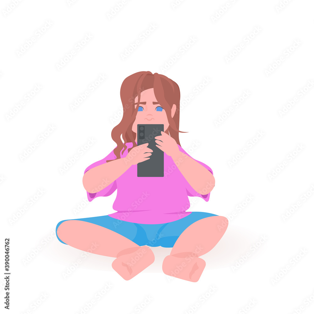 little child baby girl using smartphone female cartoon character sitting pose full length isolated vector illustration little child baby girl using smartphone female cartoon character sitting pose full length isolated vector illustration