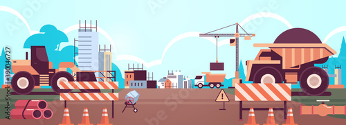 home building engineering concept machines constructing houses working on construction site horizontal vector illustration