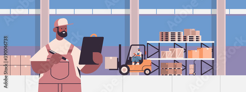 african american deliveryman in uniform checks parcels express delivery cargo logistics or postal service concept warehouse interior horizontal portrait vector illustration