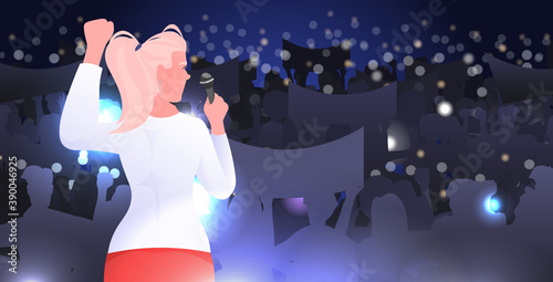 woman with microphone speaking to audience from stage women's club girls supporting each other union of feminists concept horizontal portrait vector illustration