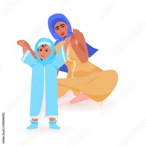 young arab mother playing with newborn baby happy family spending time together motherhood concept full length vector illustration
