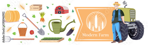set farm tools gardening equipment and farmer near tractor organic eco farming agriculture concept horizontal full length vector illustration