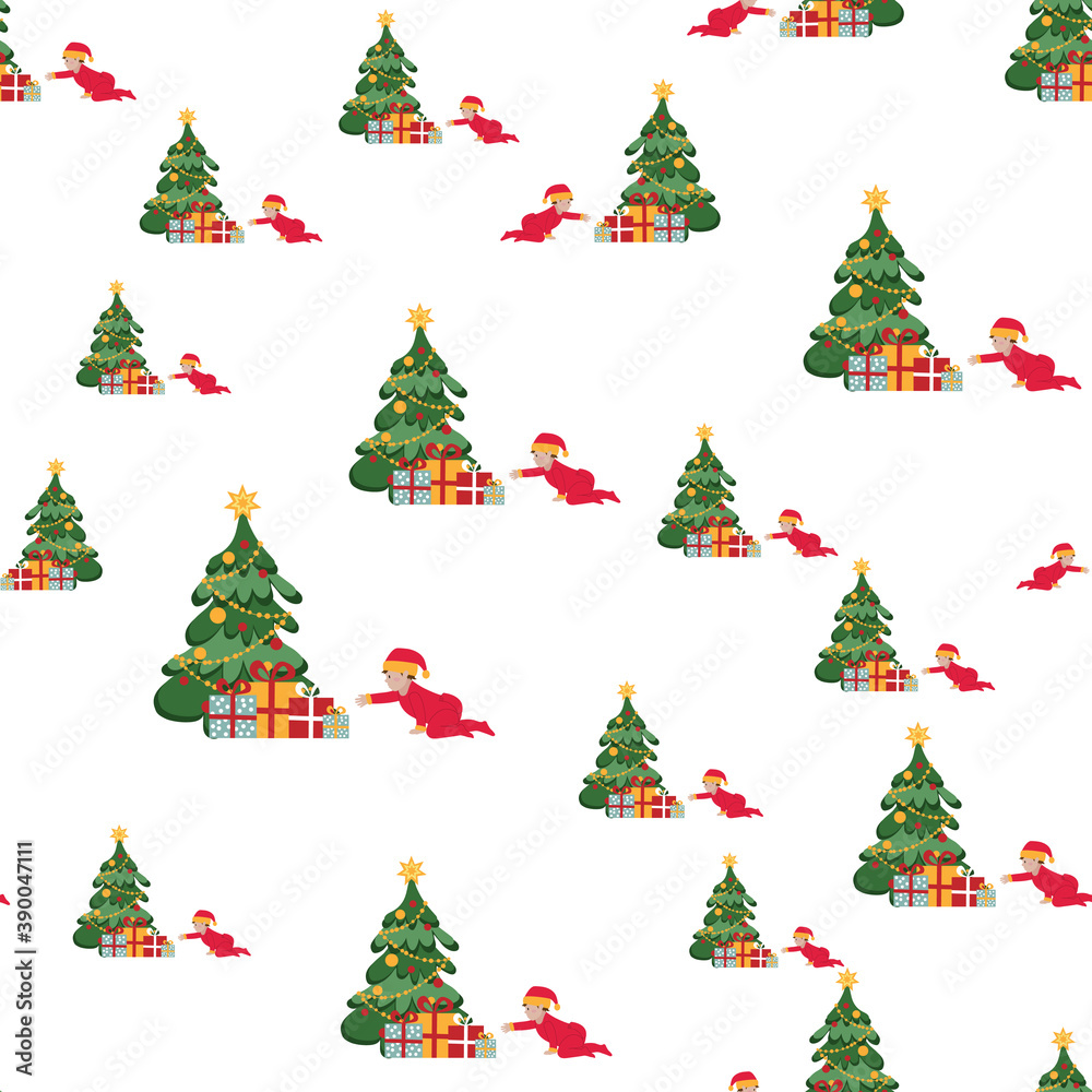 Winter background with baby santa claus, christmas tree, fireworks and gifts on a white background.