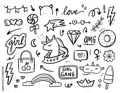 Girl power fashion doodle drawing collection vector
