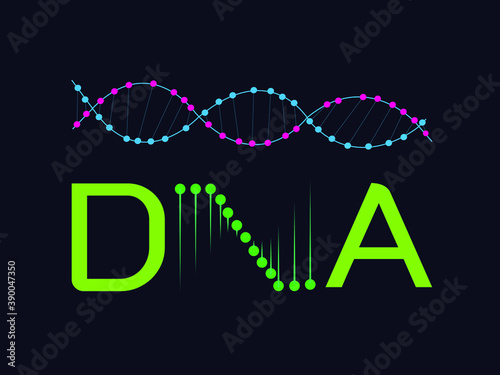 DNA logo or symbol. Abstract dna molecule helix spiral  isolated on black background. Vector illustration in concept medical science, genetic biotechnology, chemistry biology, gene.