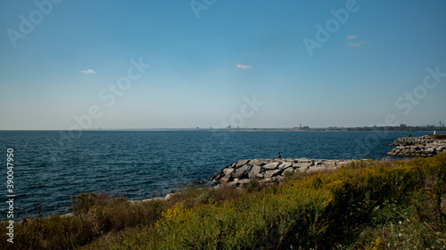 Photography Seascape view of Lake Ontario and grass field with wild grown lush greenery in N
