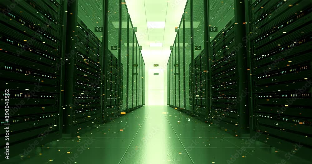 Server Racks In a Modern Data Center. Camera Slowly Moving Forward With ...