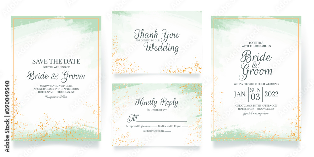 wedding invitation card template set with abstrack watercolor background and tropical leaves