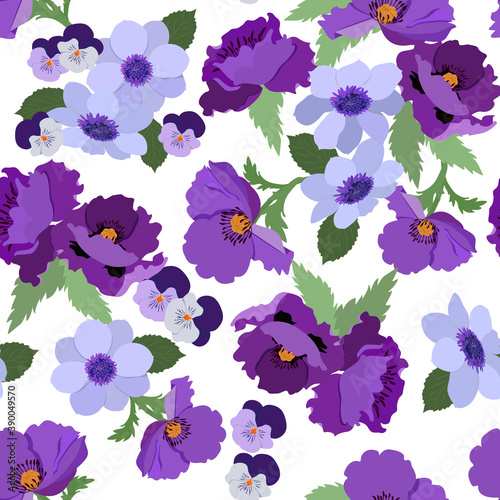 Seamless pattern with pansies, poppies and dahlia on a white background. Vector illustration.