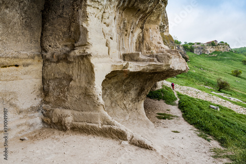 House built in cave in the famous ancient city-fortress Chufut-Kale ("Jewish Fortress" in Turkish) built in 5th - 6th century in the Crimean Mountains, now lies in ruins