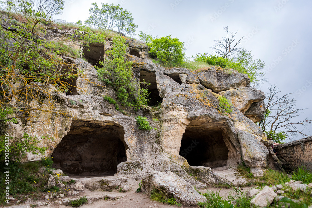 Houses built in caves in the famous ancient city-fortress Chufut-Kale (