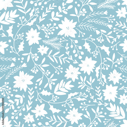 Christmas winter floral seamless pattern. Vector illustration in a childish hand-drawn Scandinavian style. The pastel palette is ideal for printing packaging  fabrics  textiles.