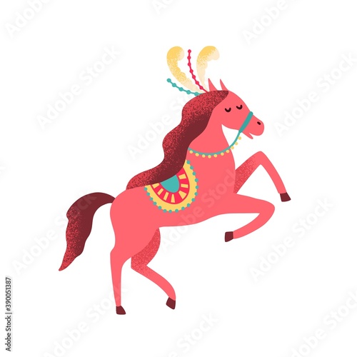 Cute circus horse decorated with feather and horsecloth. Childish shapito trained animal. Amusing cirque equine. Flat vector cartoon isolated illustration for t shirt print