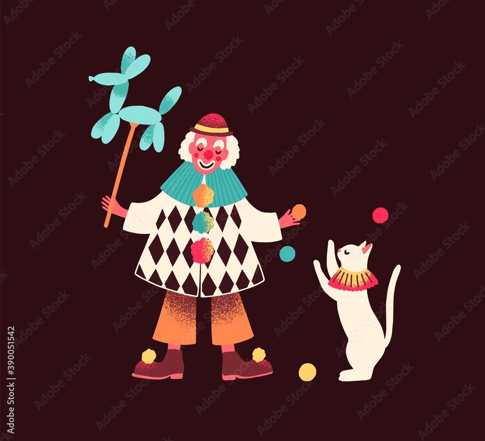 Funny circus clown holding balloon and performing with trained cat. Cirque performer with animal. Animator character. Flat vector textured cartoon isolated illustration