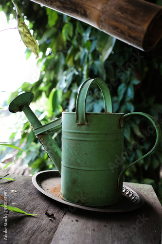 focus on Thai vintage green watering pot with blurred background in a vertical frame