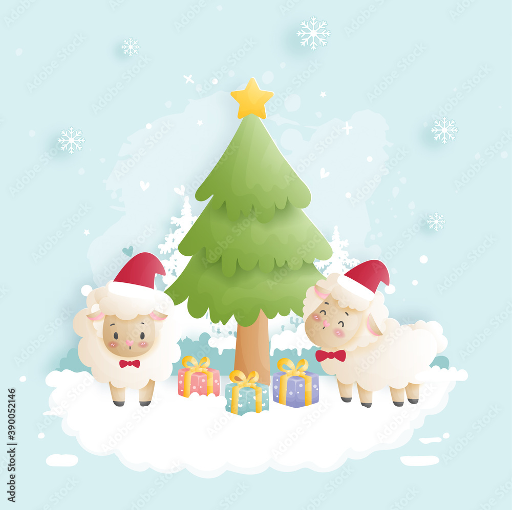 Christmas card with watercolor sheep. Merry Christmas Christmas card with watercolor sheep. Merry Christmas