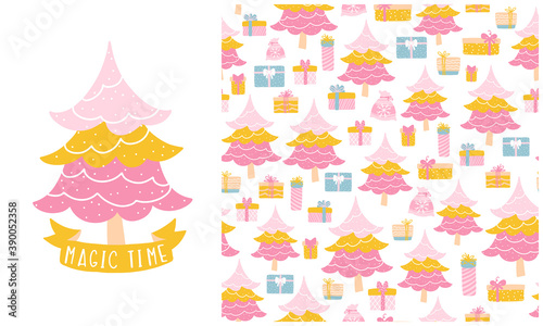 Christmas tree and gifts boxes.Set of vector seamless patterns and illustrations. Childish hand-drawn Scandinavian style. Limited pink and yellow pastel palette ideal for girly print
