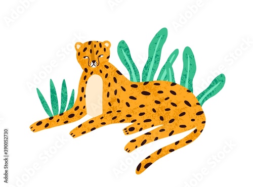Childish portrait of relaxed leopard in scandinavian simple style. Cute jagua...