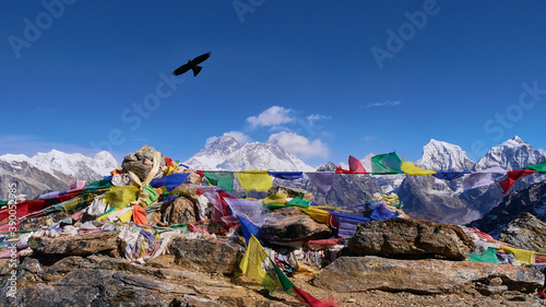 Spectacular panorama view of Mount Everest massif from Renjo La pass, Himalayas, Nepal with Buddhist prayer flags flying in the wind and a bird with black feathers and spread wings. photo