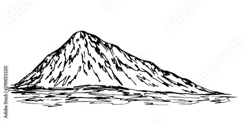 Hand-drawn vector drawing in engraving style. High mountain, wilderness, landscape. For prints, labels, tourism, mountaineering.
