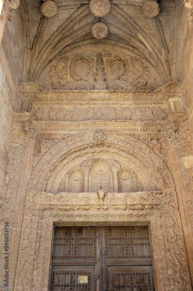 Portico of the church of Santa Trinidad, Alarcon, Cuenca province, Castile la Mancha, Spain