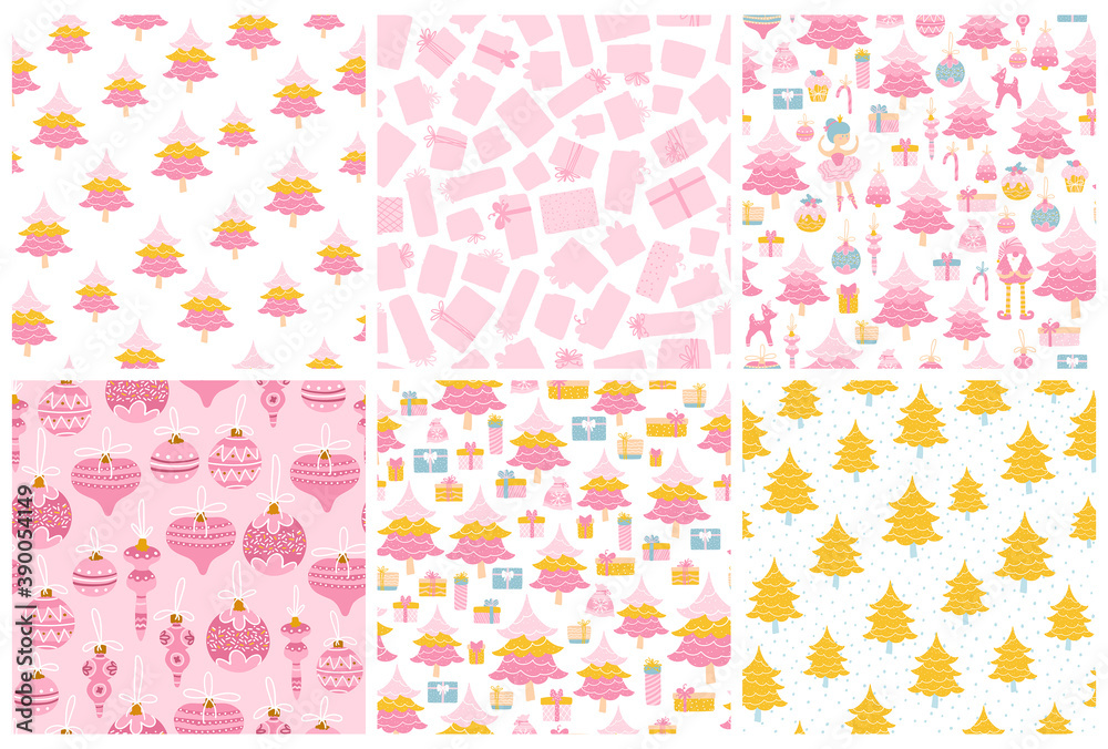 Christmas patterns set. Collection of seamless backgrounds in pastel pink colors. Christmas tree, gifts, toys. Ideal for girly textiles. Vector illustration