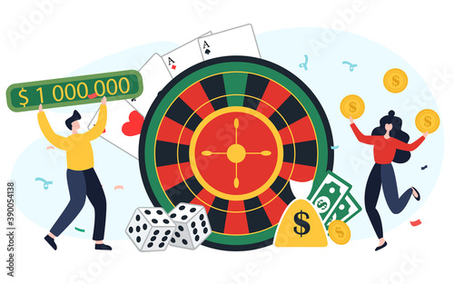 concept people rejoice at winning in a casino. flat vector illustration. A man and a woman are playing a game of chance, 777 slot machine and roulette.