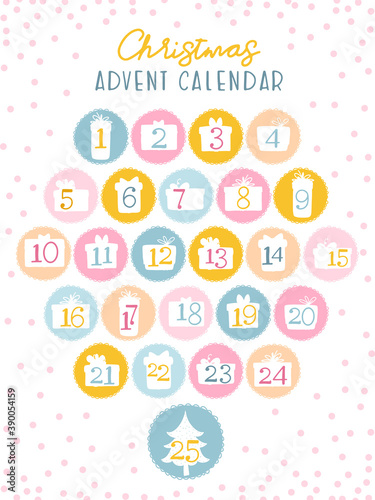 Christmas advent calendar for kids. Numbers in the silhouettes of gift boxes. Cute palette of sweets. Vector illustration in childish hand-drawn Scandinavian style