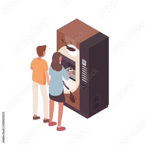 Young people buying coffee in automatic vending machine. Characters using pub...