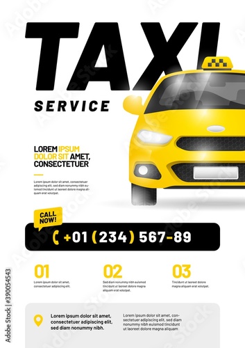 Design for advertising a taxi service. Vector layout with taxi car. Adapt for poster, flyer, banner or social media.