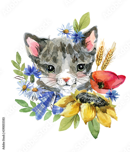 Fototapeta Naklejka Na Ścianę i Meble -  cartoon kitten. farm animal illustration. cute watercolor cat