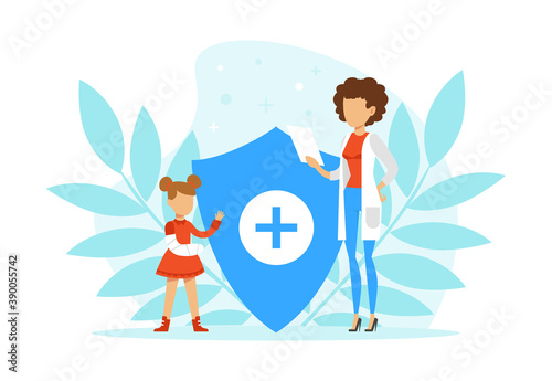 Little Girl with Hand Bandage and Doctor Pediatrician Giving Prescription with Floral Leaf Backdrop Vector Illustration