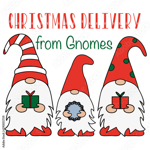 Special Christmas delivery card from gnomes on white background. Merry Christmas. Character for concept design. 