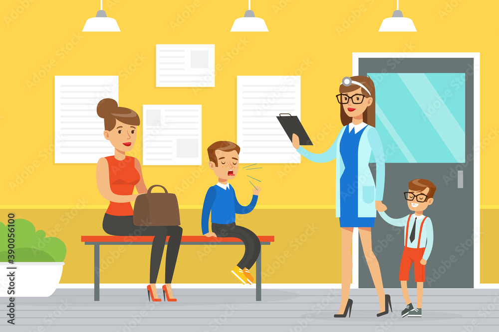 Parent with Kid Waiting for Doctor Appointment and Woman Pediatrician Holding Little Boy by the Hand Vector Illustration Parent with Kid Waiting for Doctor Appointment and Woman Pediatrician Holding Little Boy by the Hand Vector Illustration