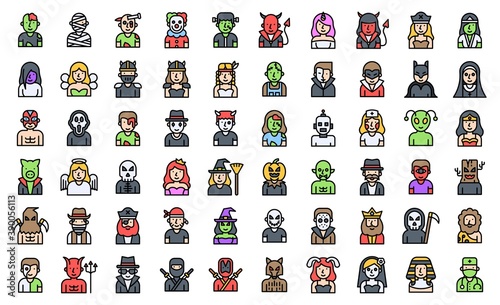Halloween costume party icon set, filled style