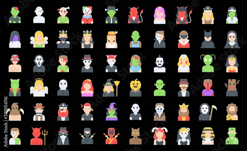 Halloween costume party icon set, flat style