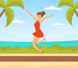 Happy Woman Jumping with Joy Because of Having Vacation Rest Vector Illustration