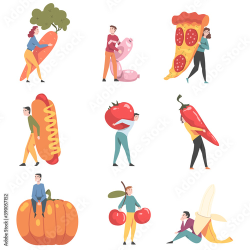 Little People Characters Holding and Carrying Foodstuff Like Hot Dog and Carrot Vector Illustration Set