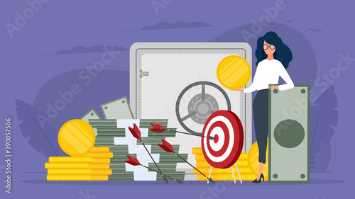 Woman and a mountain of money. The girl stands near gold coins and large dollar bills. A bundle of money. The concept of a successful business, earnings and wealth. Vector.