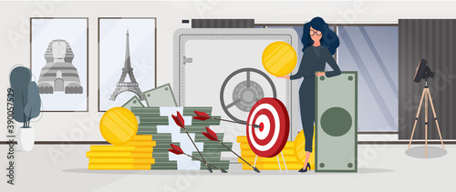 Woman and a mountain of money. The girl stands near gold coins and large dollar bills. A bundle of money. The concept of a successful business, earnings and wealth. Vector.