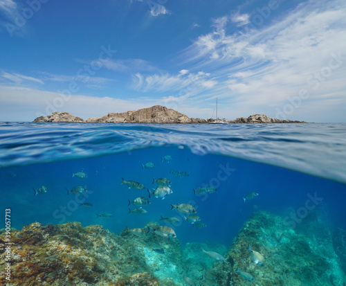 Seascape of the Mediterranean sea, rocky island and a group of fish underwater, Cap de Creus, Costa Brava, Catalonia, Spain, split view half over and under water surface