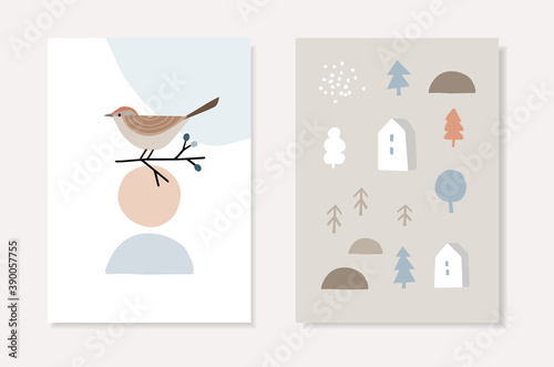 Set of Christmas Scandinavian greeting cards, invitations. Bird siting on bare branch. Abstract geometric shapes. Nordic landscape with trees and houses. Retro design, Vector illustration background.