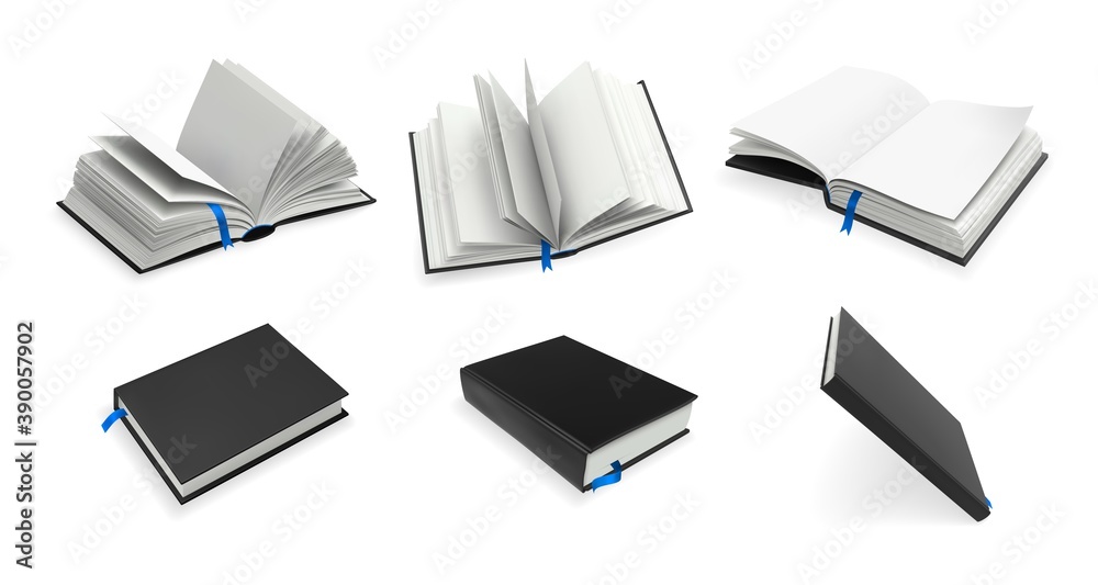 Realistic books set. Collection of mockups realism style drawn antique opened and closed textbooks with empty pages. Illustration of fiction or poetry paper objects with bookmarks on white background.