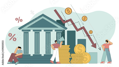 Flat vector illustration. Financial crisis. Bank liabilities, risk of bankruptcy. People are hostages of financial instability, an attempt to prevent bankruptcy, without the desirability of being